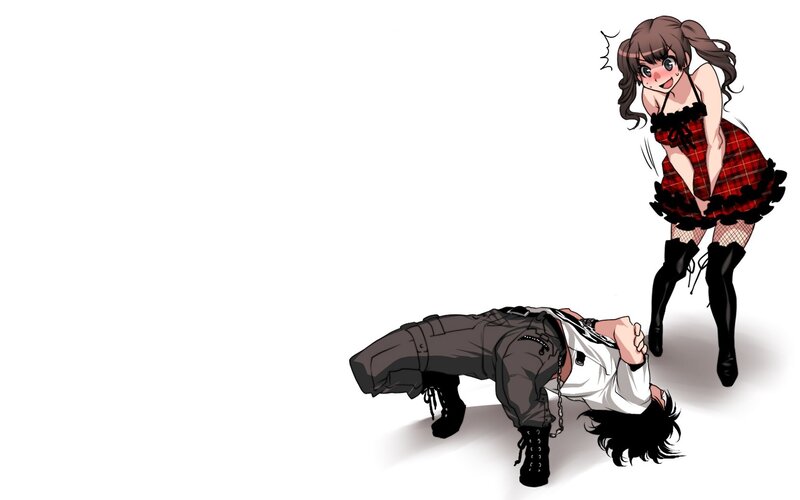 Anime girl standing over boy