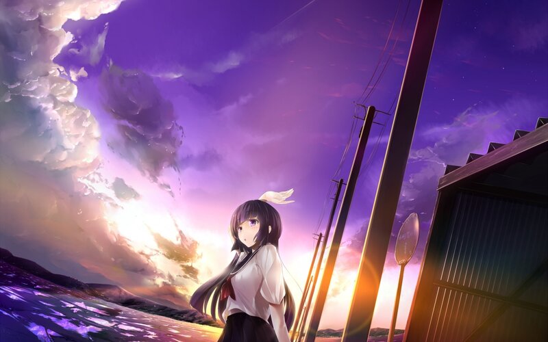 Anime Girl Standing — Purple, Dramatic, Sunset