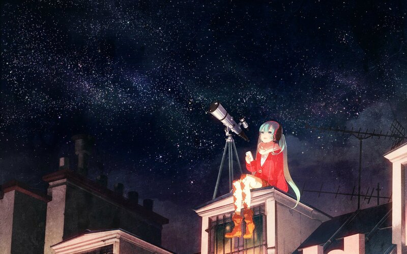 Anime girl stargazing on rooftop