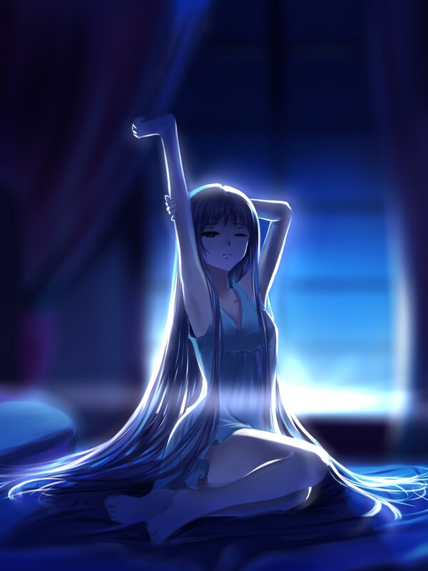 Anime Girl Stretching — Blue, Calm, Night