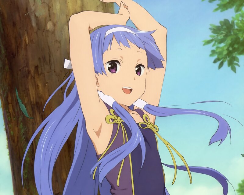 anime girl stretching by a tree
