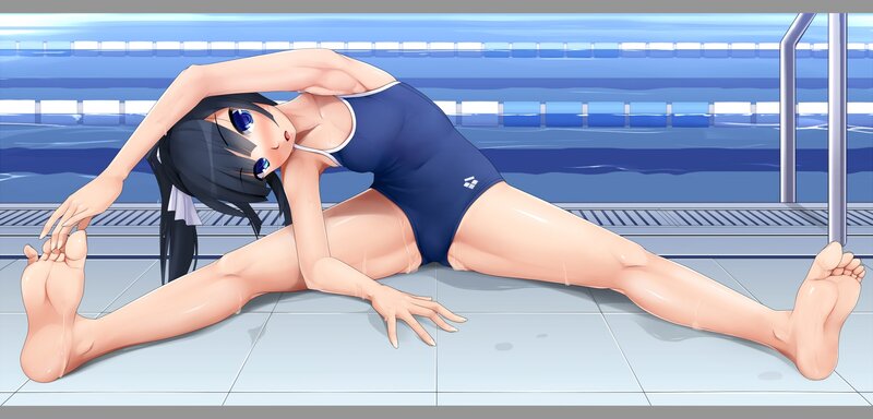 anime girl stretching by pool