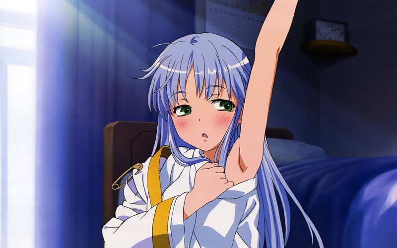 anime girl stretching in bed