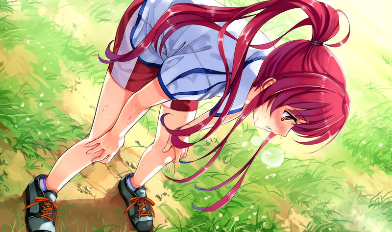 anime girl stretching in field