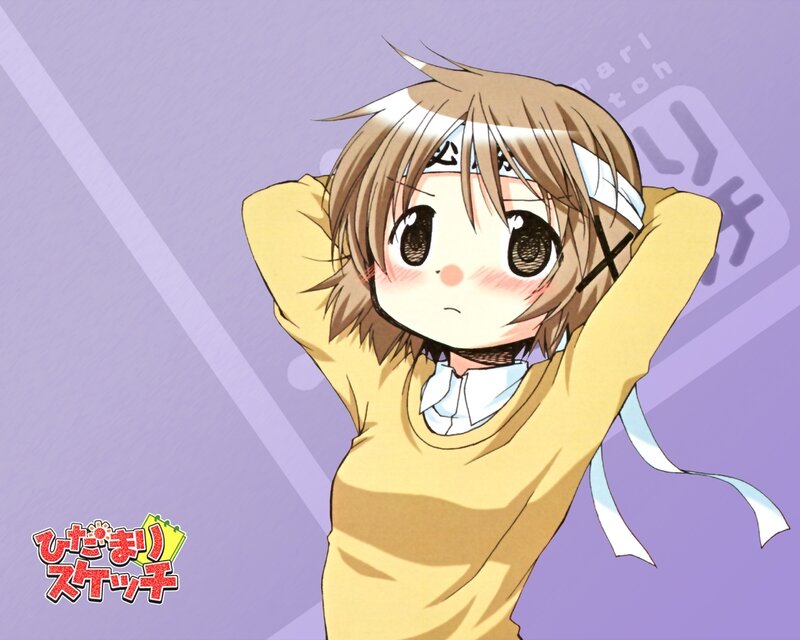 Anime Girl Stretching — Purple, Playful, Yellow Sweater