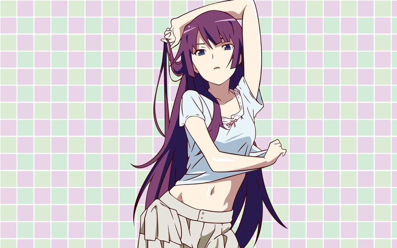 Anime Girl Stretching — Purple, Relaxed, Long Hair