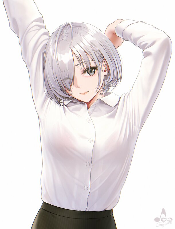 Anime Girl Stretching — White, Calm, Digital Art, White Shirt