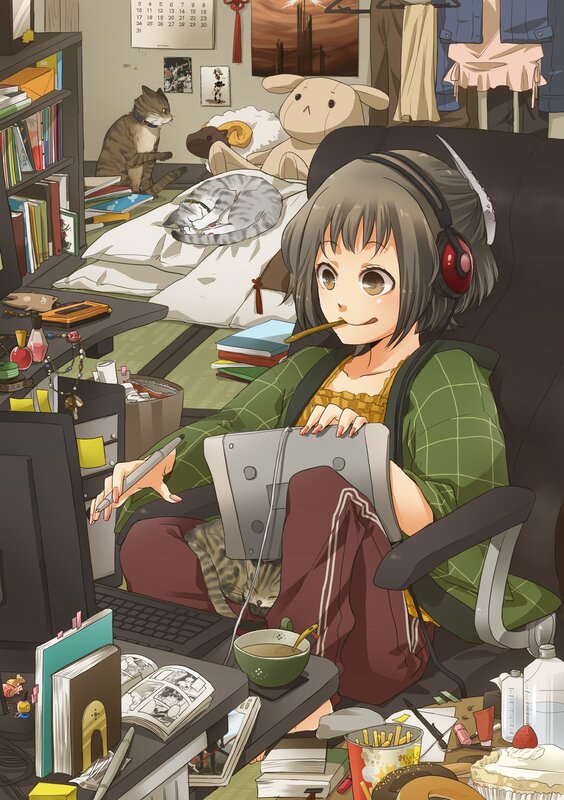 Anime girl studying at desk