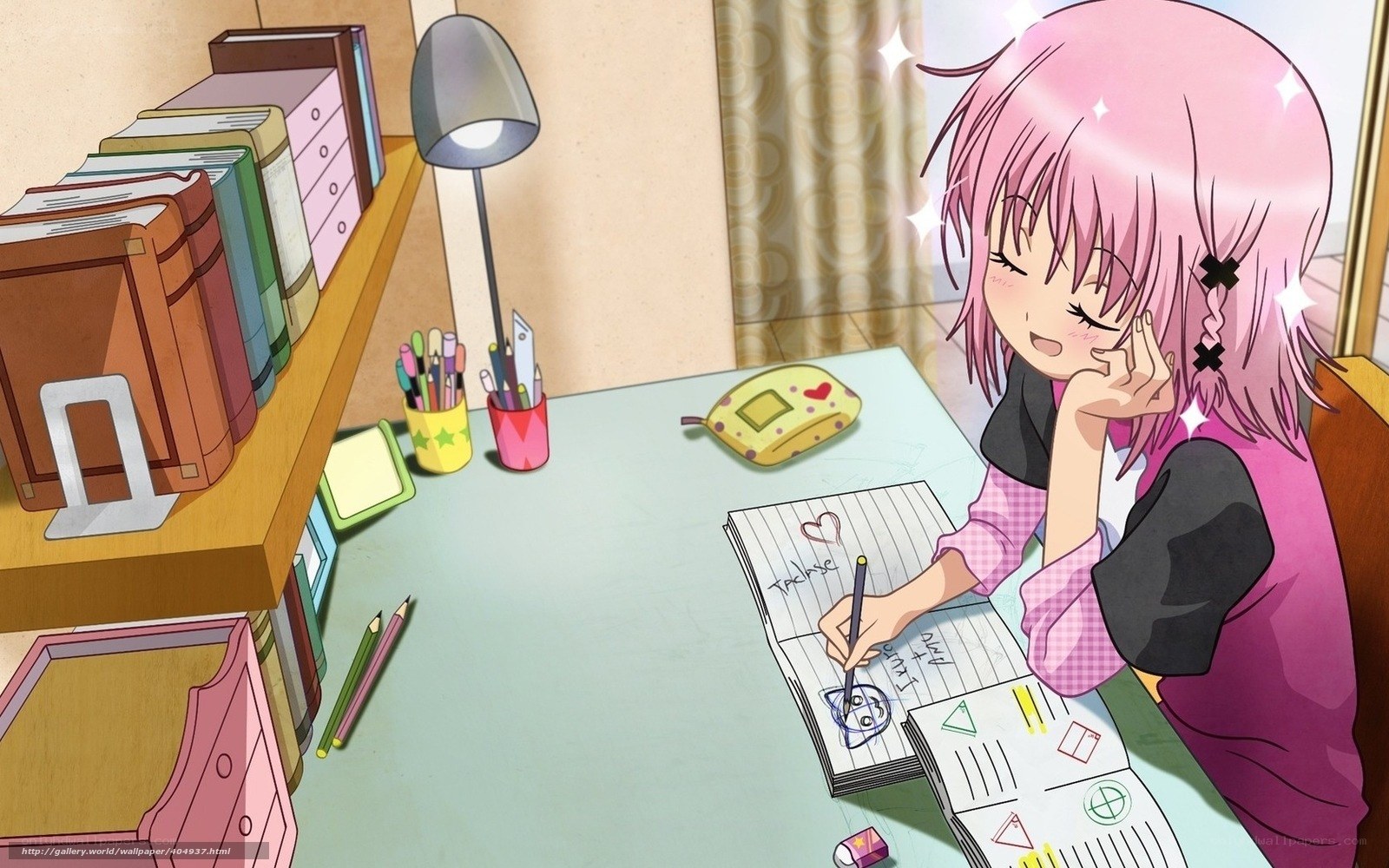 anime girl studying at desk