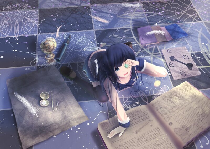 Anime girl studying with books