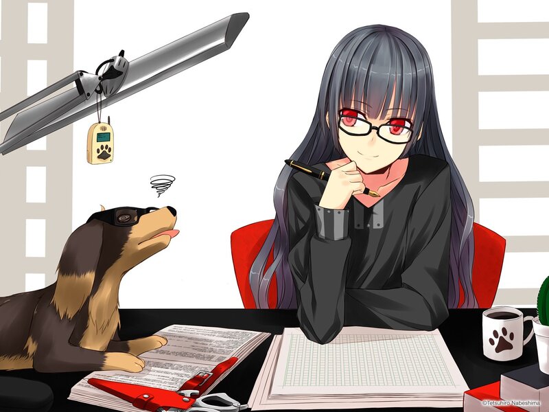 Anime girl studying with dog