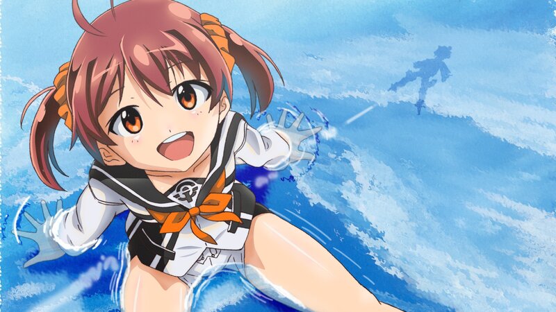 anime girl surfing on a wave