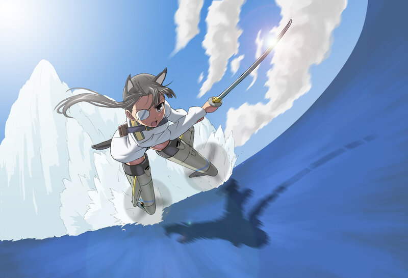 anime girl surfs on a wave