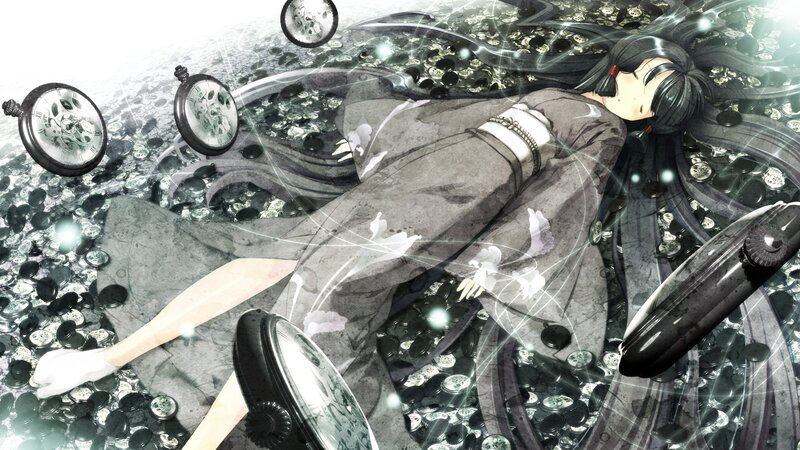 anime girl surrounded by clocks