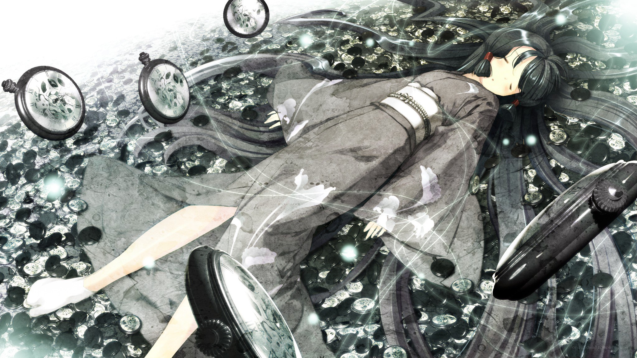 anime girl surrounded by clocks