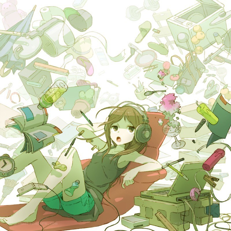 Anime girl surrounded by clutter
