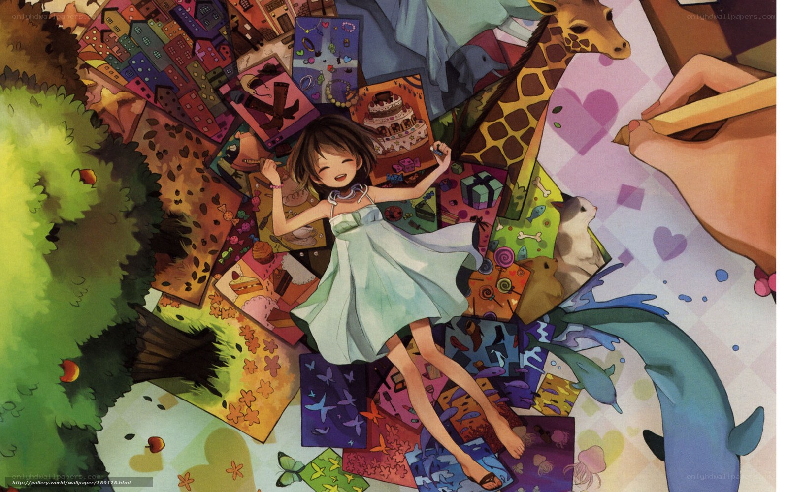 Anime girl surrounded by drawings