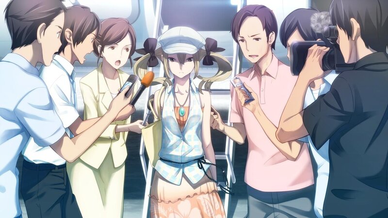 anime girl surrounded by reporters