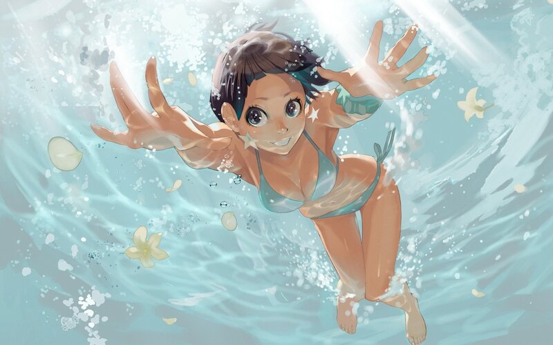anime girl swimming underwater