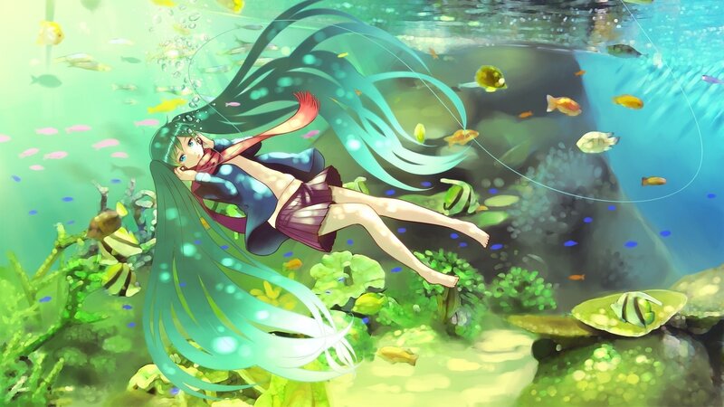 Anime girl swimming underwater