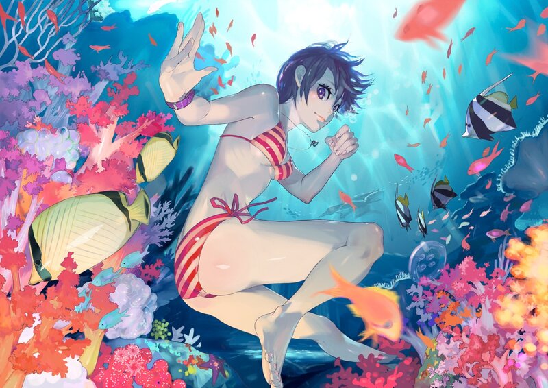 Anime girl swimming underwater