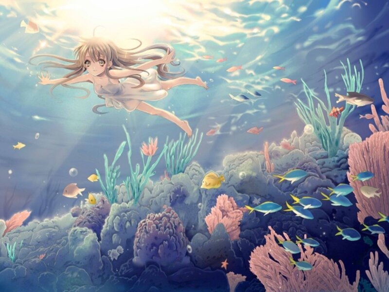 Anime Girl Swimming Underwater — Blue, Serene, Afternoon