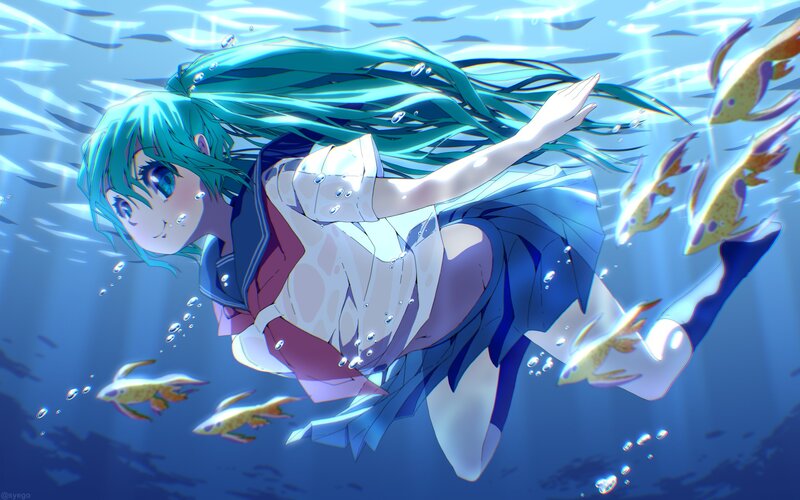 Anime Girl Swimming Underwater — Blue, Serene, Digital Art, Fish