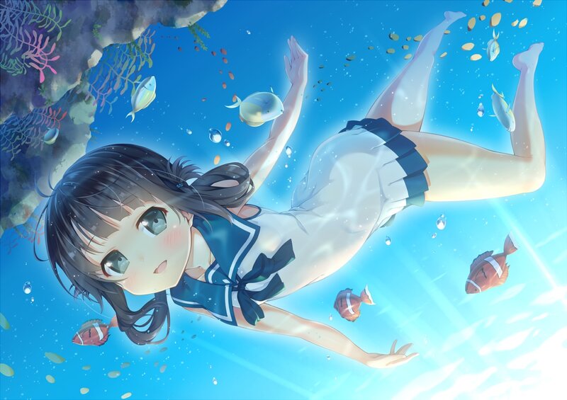 Anime Girl Swimming Underwater — Blue, Serene, Fish