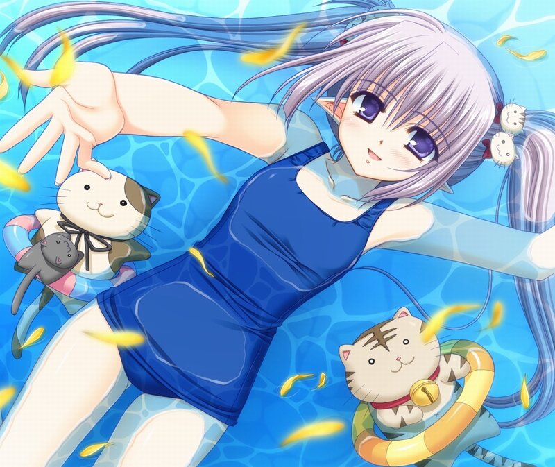 anime girl swimming with cats