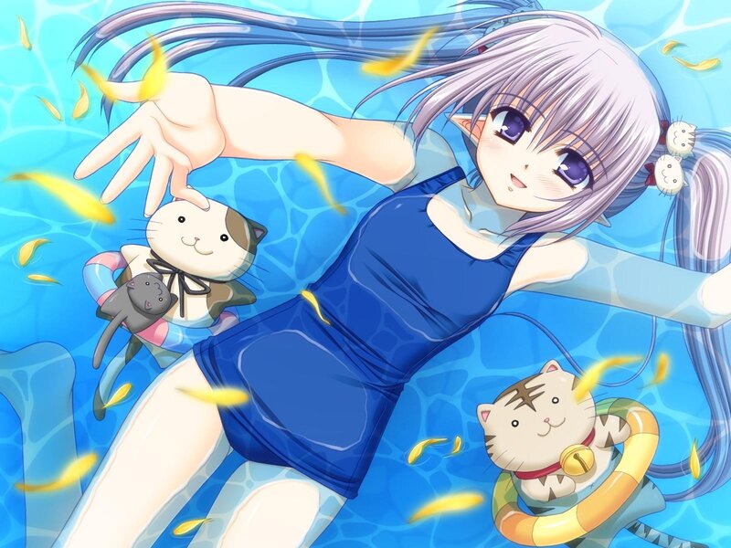 anime girl swimming with cats