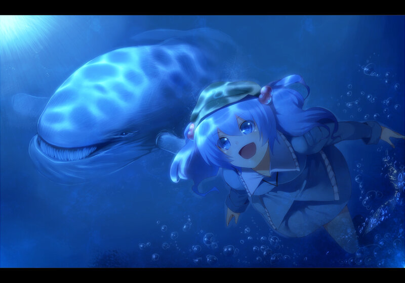 anime girl swimming with whale