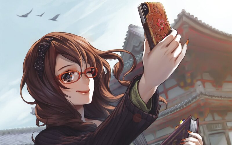 Anime Girl Taking Selfie — Brown, Calm, Afternoon