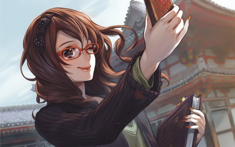 Anime Girl Taking Selfie — Brown, Calm