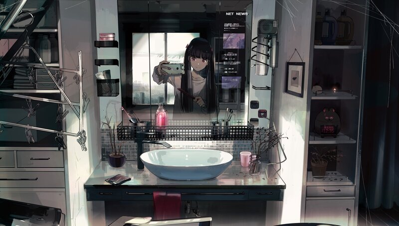 Anime Girl Taking Selfie — Gray
