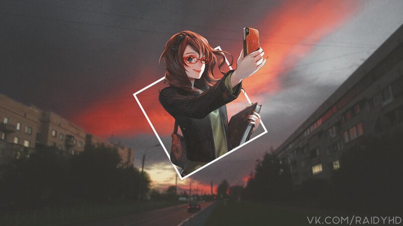 Anime Girl Taking Selfie — Red, Dramatic