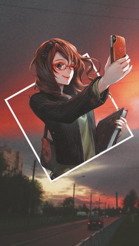 Anime Girl Taking Selfie — Red