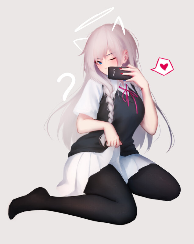 Anime Girl Taking Selfie — White, Playful, Digital Art, Phone