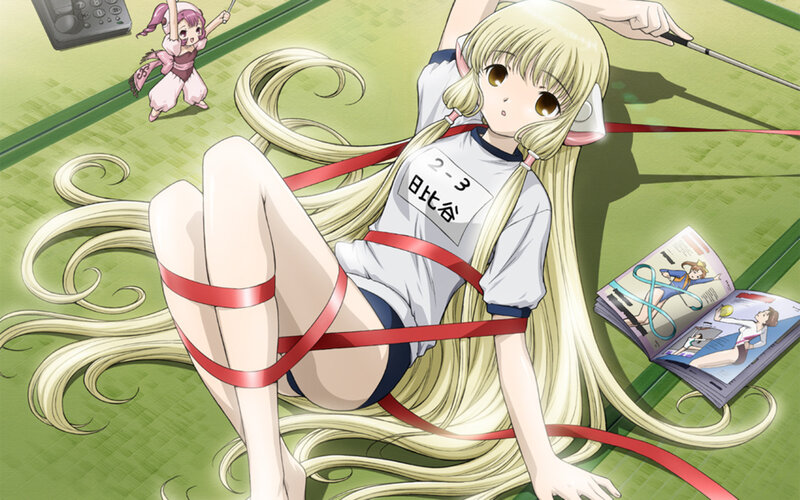 Anime girl tied with ribbon