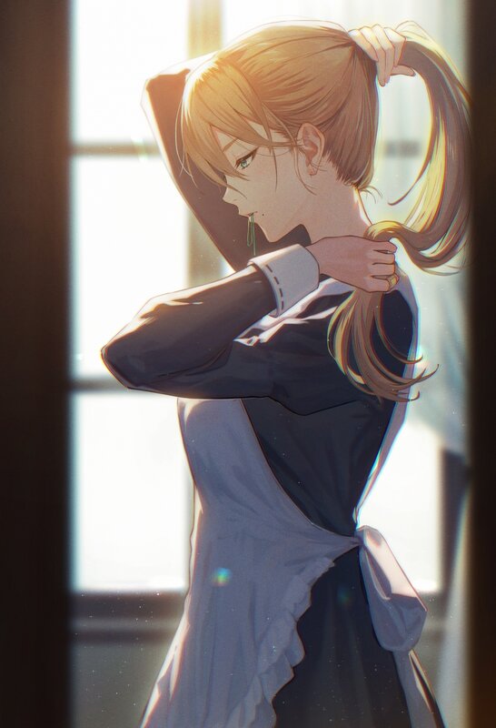 Anime Girl Tying Hair — Brown, Calm, Afternoon