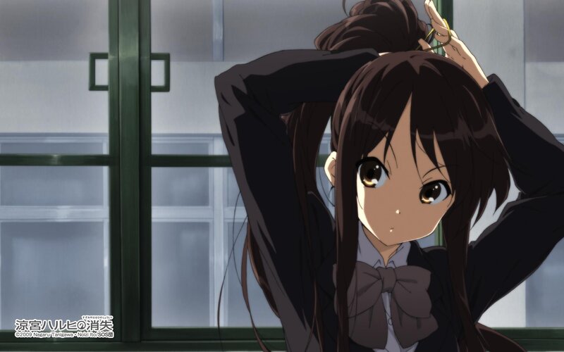 Anime Girl Tying Hair — Brown, Calm, School Uniform