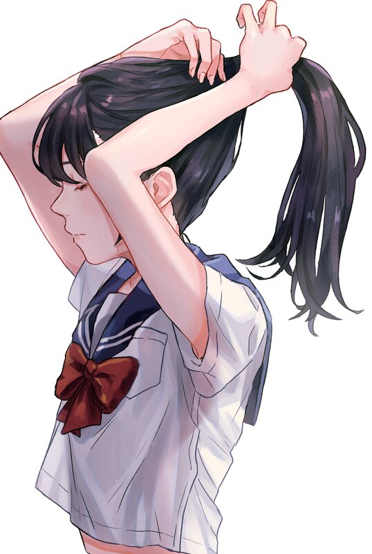 Anime Girl Tying Hair — White, Calm, Manga