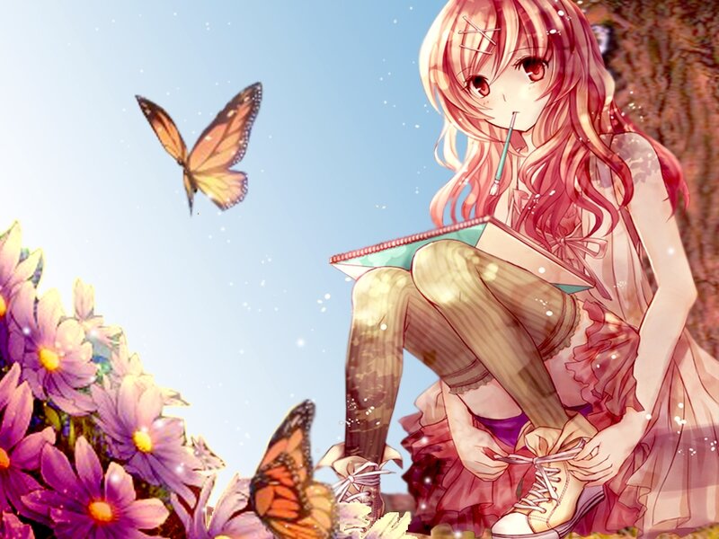 Anime Girl Tying Shoelaces — Pink