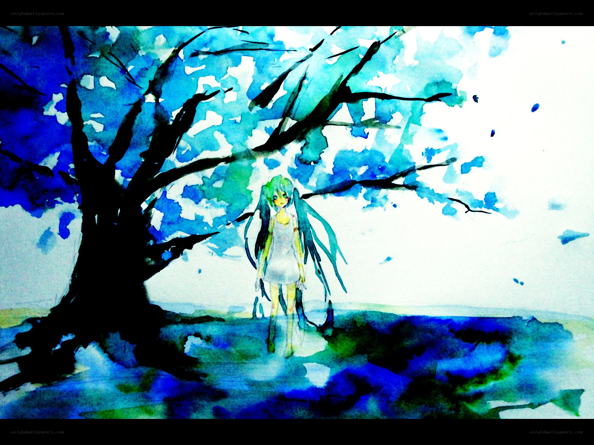 anime girl under a blue tree