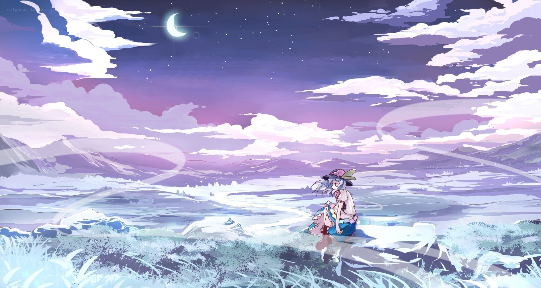 Anime girl under a crescent moon