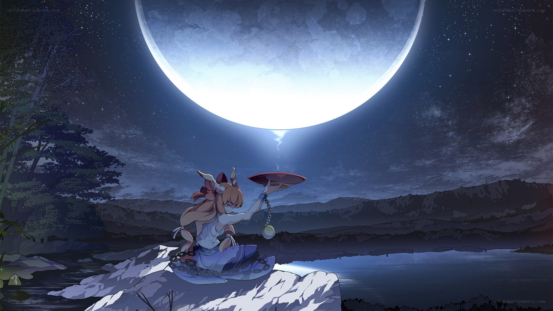 Anime girl under a large moon