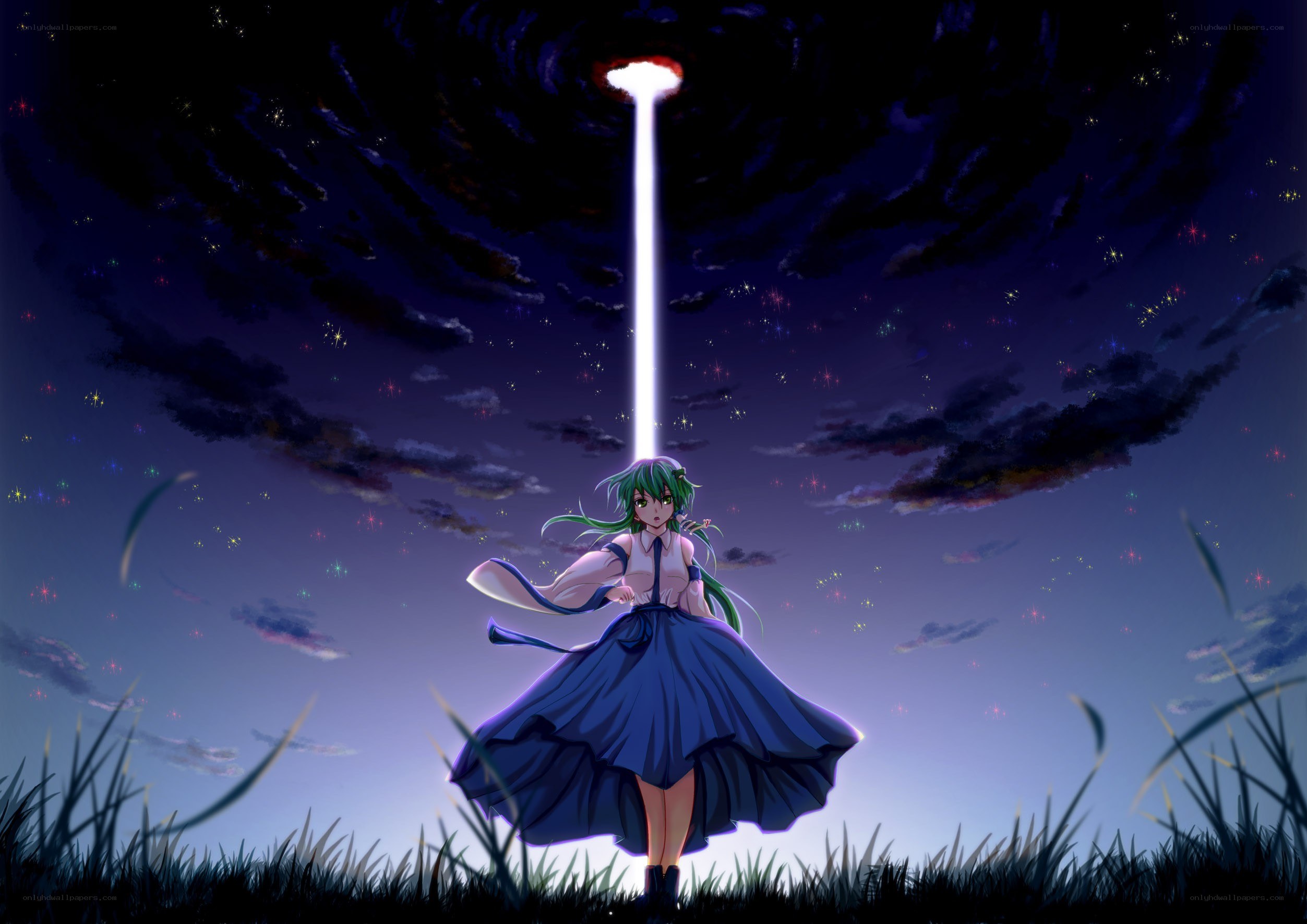 anime girl under a light beam