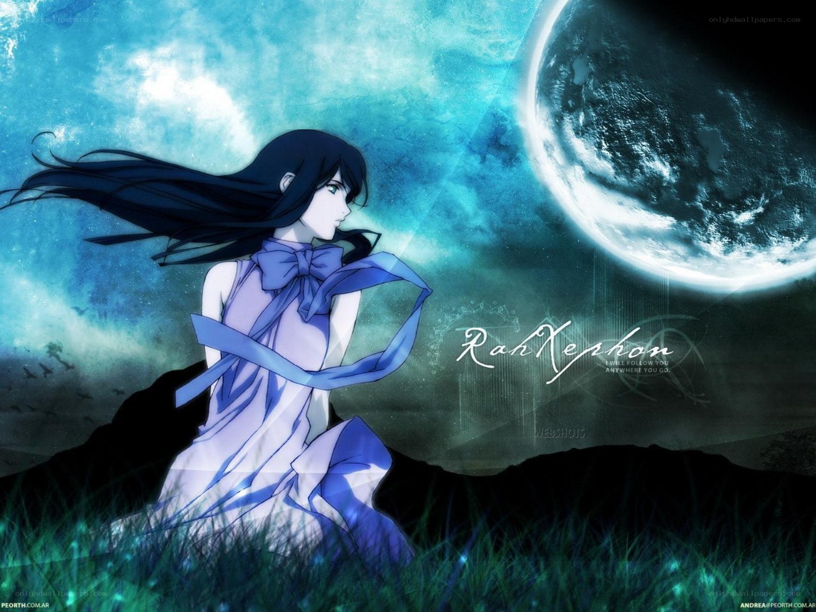 Anime girl under a moon