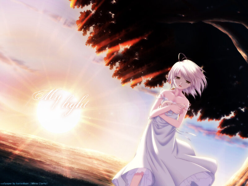 Anime girl under a tree at sunset