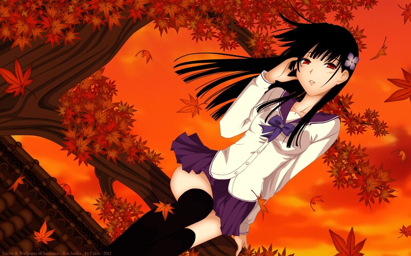 Anime girl under autumn leaves