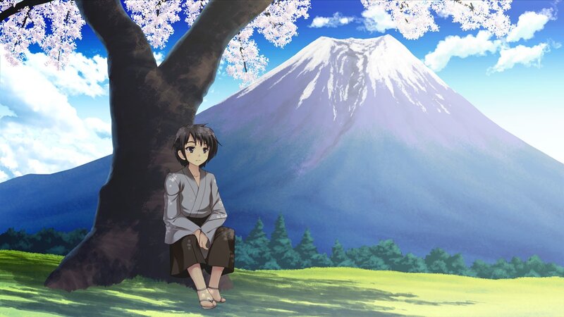 Anime girl under cherry blossom tree